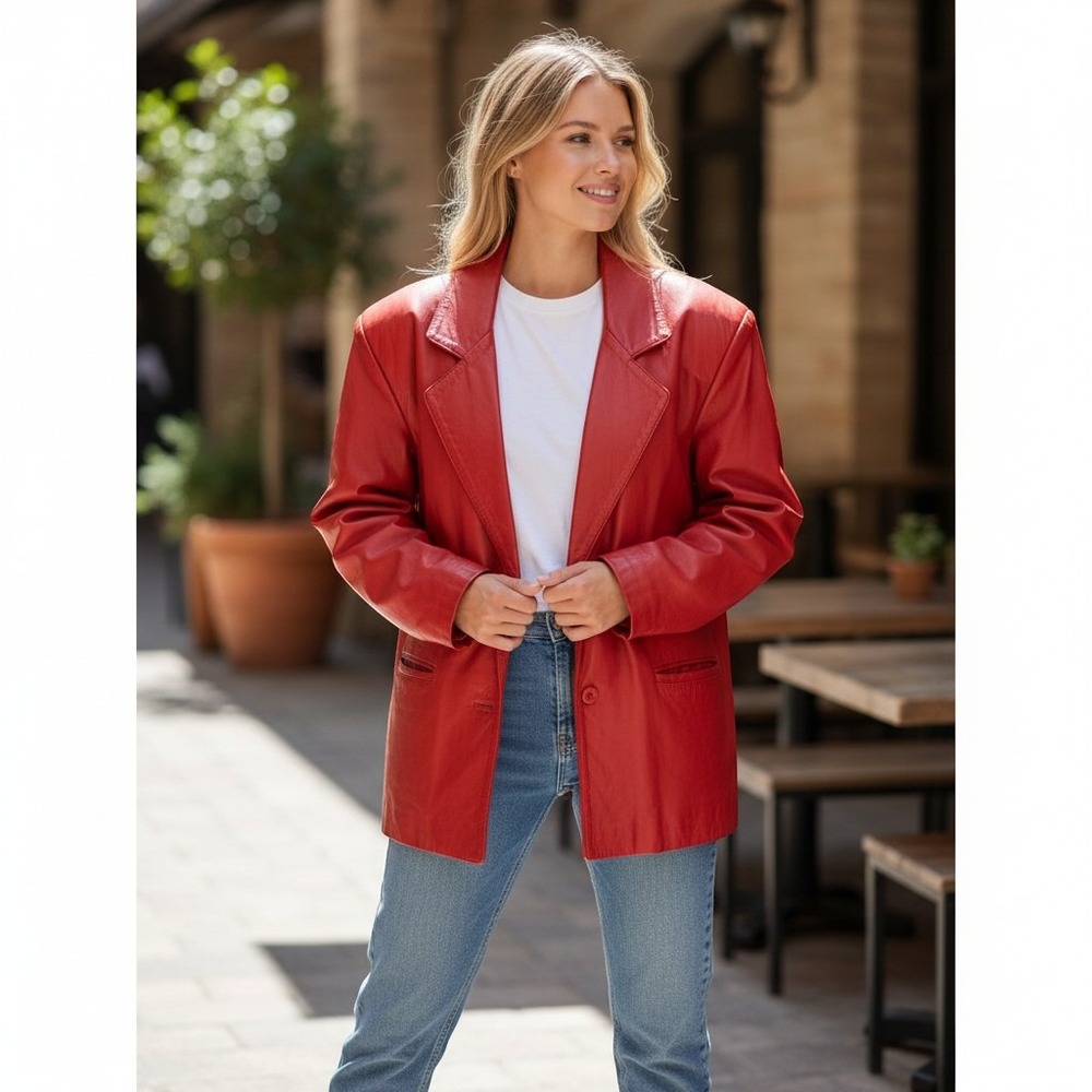 Toffs Vintage Jacket 1980's Red Leather Collared Button Shoulder Pads Lined Sz M